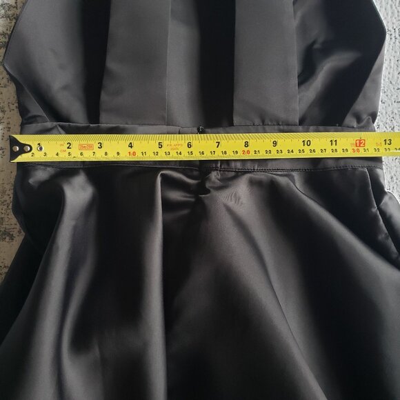 Shiny Black Satin Commense Flare Skirt Dress w Apron Front + Neck Ribbon - Picture 12 of 16